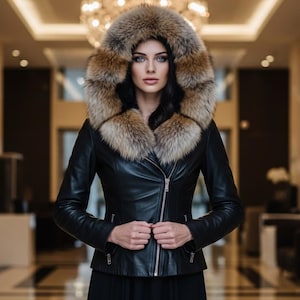 May include: A black leather jacket with a fur-trimmed hood. The jacket has a silver zipper and a tailored fit. The fur trim is a mix of brown and tan. The jacket is a stylish outerwear piece.