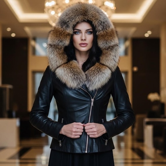 Women's Jacket real Faux Fur Hood , Lamb Leather Lederjacken damen  Lederjacken S-2XL