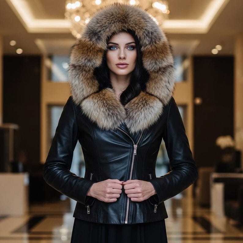 May include: A black leather jacket with a fur-trimmed hood. The jacket has a silver zipper and a tailored fit. The fur trim is a mix of brown and tan. The jacket is a stylish outerwear piece.