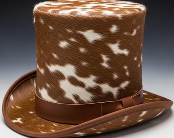 Sombrero vaquero de piel de vaca con pelo, estilo western steampunk, color marrón y blanco.