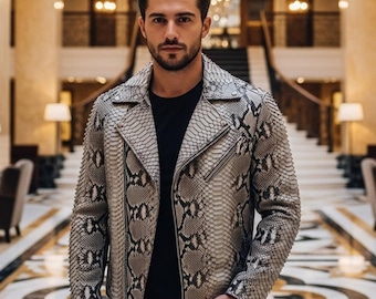 Weiße Schlangenhaut Motorrad Herren Python Lederjacke Biker Motorradlederjacken