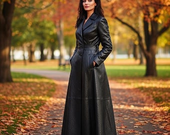 Handmade Leather Trench Coat Long Winter outerwear coats , damen ledermental