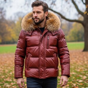 Men&#39;s Leather Puffer Bomber Jacket with fox fur / Vintage Winter Outerwear