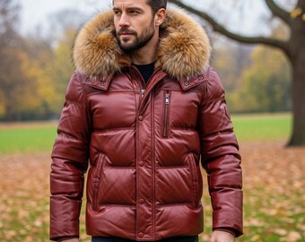 Chaqueta bomber acolchada de cuero con pelo de zorro para hombre / Prendas de abrigo vintage de invierno