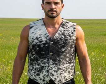 Men's leather vest Cowhide Hair-On  , White & black Contrast Front Biker Lederweste Lederweste Herren S-XXL