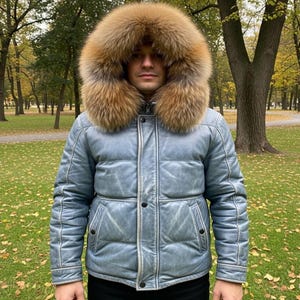 Puffer Bomber Jacket with fox fur/ Biker Bubble Leather Jacket / Vintage Winter Outerwear