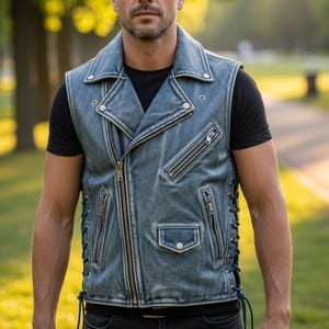 Könnte beinhalten: Eine Jeansweste im Bikerjacken-Stil. Sie hat einen Reverskragen, einen asymmetrischen Reißverschluss, mehrere Reißverschlusstaschen und Schnürdetails an den Seiten. Die Weste ist in einem verwaschenen Blau gehalten.