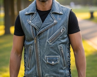80s VANGUARD Leather Men Vest Motorcycle Black Leather Vest HARLEY