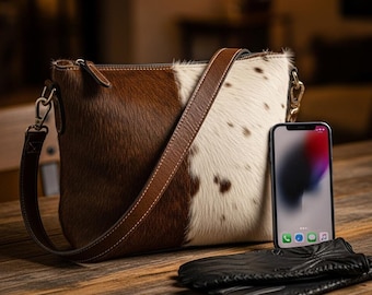 Handmade Cowhide Hair on leather Tote Bag: Hair-on Leather Shoulder Purse with Key Tag