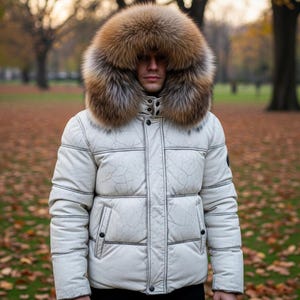 Men&#39;s Straight Bubble Lamb Skin Leather Jacket With Real Fox Fur Collar