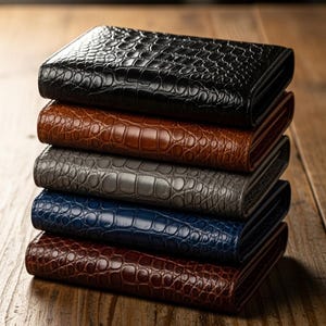 Pode incluir: Uma pilha de seis carteiras de couro em várias cores: preto, castanho, cinzento, azul e bordô. Cada carteira tem um padrão texturizado semelhante à pele de crocodilo e está empilhada sobre uma superfície de madeira.