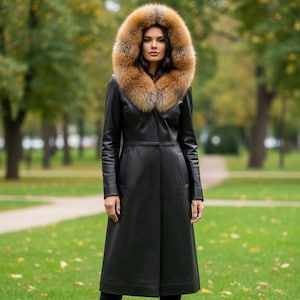 Womens Black Leather Trench Coat with Faux Fur Winter Coat Vintage Outerwear
