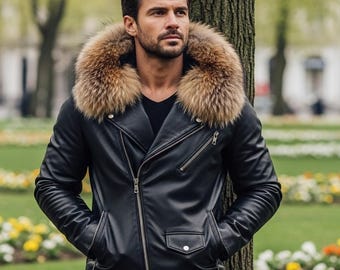 May include: Black leather jacket with a brown fur collar. The jacket has a zipper closure, multiple pockets, and a classic biker style. The model is wearing a black shirt underneath.