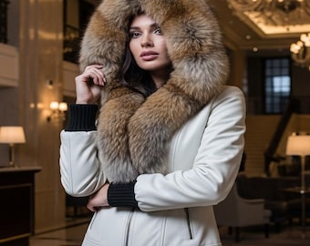 Women's Leather Jacket with faux Fur hood– Handmade Winter Coat, Damen fur Lederjacken