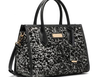 Cowhide Hair-On Leather Handbag: Handstitched Cognac Bag