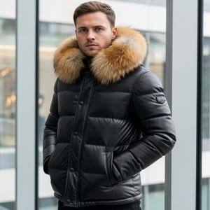 Genuine Sheep Leather Puffer Jacket with real fox fur leather hood Winter Bomber Lederjacken