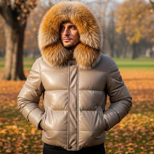 Men&#39;s Real Leather Puffer Bomber Jacket with fox Fur Collar – Warm Winter Coat