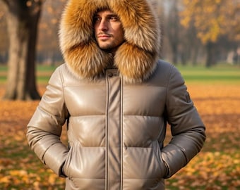 Chaqueta bomber acolchada de piel auténtica para hombre con cuello de piel de zorro: abrigo de invierno cálido.