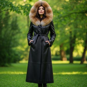 Women Genuine Black Leather Long Trench Coat Stylish Button Party wear Women Coats