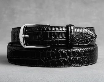 Personalized Crocodile Leather Belt, Black Belt, Custom Handmade, Luxury Belts