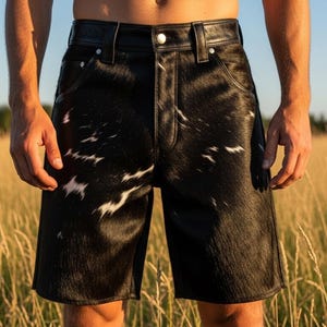 Hair on leather short, Genuine cowboy Men Pony Skin Leather Shorts Natural Cowhide