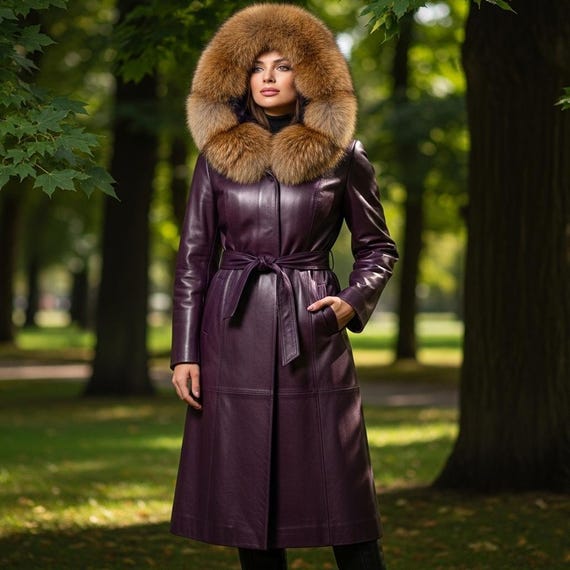 Leather Vintage Maxi Coats Women's Leather Fur Coat Full Length - Main Image