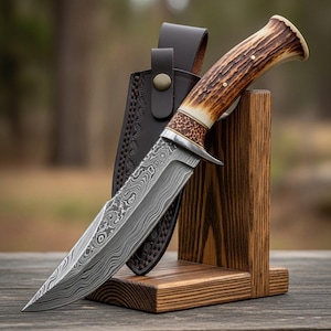 Handmade D2 Steel Hunting Knife  Antler Handle, Leather Sheath