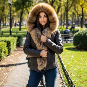 Genuine Fox Fur & Leather Jacket with Hooded Women&#39;s Coat sheap lederjacken fur damen