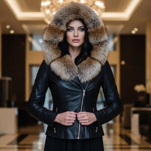 May include: A black leather jacket with a fur-trimmed hood. The jacket has a silver zipper and a tailored fit. The fur is a mix of brown and tan tones, creating a luxurious look. The jacket is a stylish outerwear piece.