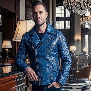 Op de afbeelding: Blau leren jasje met een slangenprint. De jas heeft een ritssluiting, een reverskraag en meerdere zakken. De jas wordt gedragen door een persoon in een goed verlichte kamer met kroonluchters en lampen.