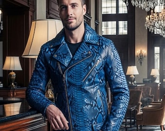 May include: A blue leather jacket with a snakeskin pattern. The jacket has a zipper closure, a notched collar, and multiple pockets. The jacket is worn by a person in a well-lit room with chandeliers and lamps.