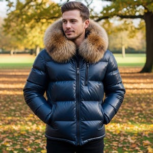 Men&#39;s Leather Puffer Jacket with fox fur hooded leather / Handmade lederjacken