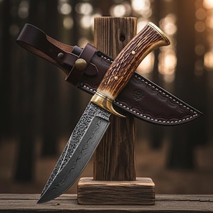 Custom Hand Made Hunter knife with leather Sheath Damascus Antler Deer Horn Crown