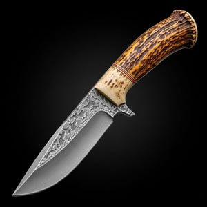 Hand Forged knife with leather sheath. hunting knife with deer Horn handle, Custom knife, Camping knife, Outdoor knife, Gift for him her