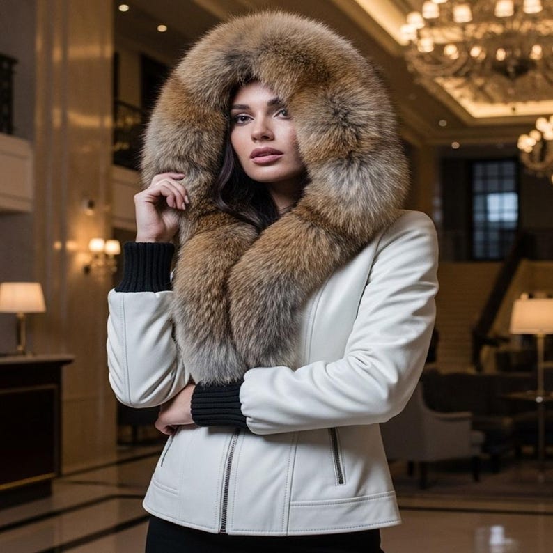 Damskinnjacka med fuskpälshuva – Handgjord vinterkappa, Damskinnjacka i päls bild 4