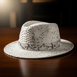 May include: A white fedora hat with a snakeskin pattern. The hat has a patterned band around the crown and a small metal clasp. The hat is made of a textured material and sits on a dark wooden surface.