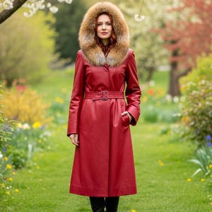 Handmade Women&#39;s  Genuine Red Coat With Crystal Fox Fur, winter coat, luxury leather
