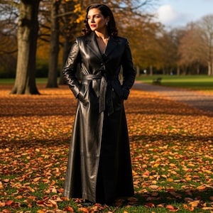 Black Trench Coat for women Long Lambskin Winter Goth Coats Long Outerwear