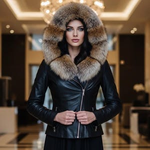 May include: A black leather jacket with a fur-trimmed hood. The jacket has a silver zipper and a tailored fit. The fur trim is a mix of brown and tan. The jacket is a stylish outerwear piece.