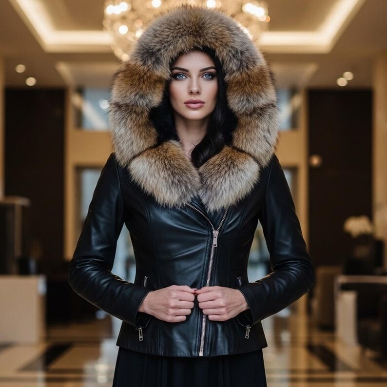 May include: A black leather jacket with a fur-trimmed hood. The jacket has a silver zipper and a tailored fit. The fur trim is a mix of brown and tan. The jacket is a stylish outerwear piece.