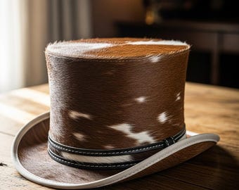 Sombrero de copa de cuero de vaca con pelo, estilo vaquero occidental, hecho a mano, con aspecto vintage.