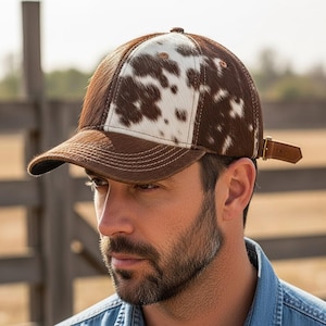 Real Cowhide Hair On Leather Baseball Cap – Brown , White & Black   Adjustable Genuine Cowhide Leather Hat – Handmade Western Style Cap