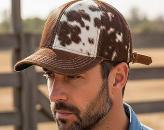Cowhide Leather Baseball Cap: Handmade Western Style Hair-On Hat