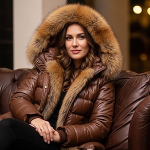Women Leather Puffer Jacket with Real Fox Fur Collar Hood - Luxury Lambskin Coats S-XXL