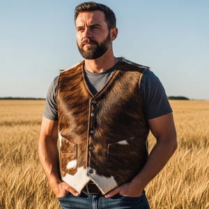 Rindsleder Lederweste für Herren Braun & Weiß Hair-On Hide Weste - Handgefertigtes Cowboy-Outfit