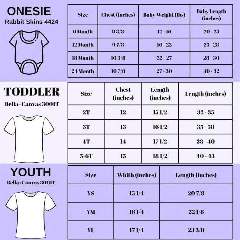 a collection of size and age-specific clothing items for different age groups, including a rabbit skin t-shirt, toddler t-shirts, and youth t-shirts.