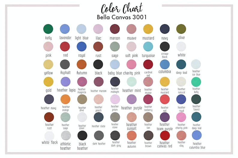 The image is a color chart for the canvas material, specifically for the color Bella Canvas 3001. It displays a grid of various colors, including shades of green, blue, pink, red, and more, arranged in a visually appealing manner.