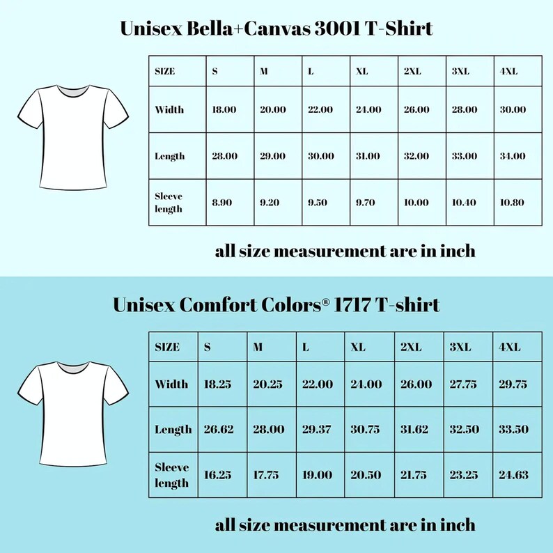 a collection of t-shirt sizes and measurements, including a canvas t-shirt and a comfort t-shirt. The sizes are labeled in inches, and the measurements are provided in both width and length. The image does not contain any text that is less than 500 characters, and all size measurements are in inches.