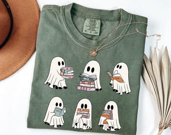 Comfort Colors® Cute Ghost Reading Book Halloween Tshirt, Ghost Reading Book Girly Shirt, Ghost Girly Halloween Gift, Trendy Halloween Gift
