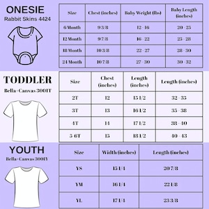a collection of size and age-specific clothing items for different age groups, including a rabbit skin t-shirt, toddler t-shirts, and youth t-shirts.